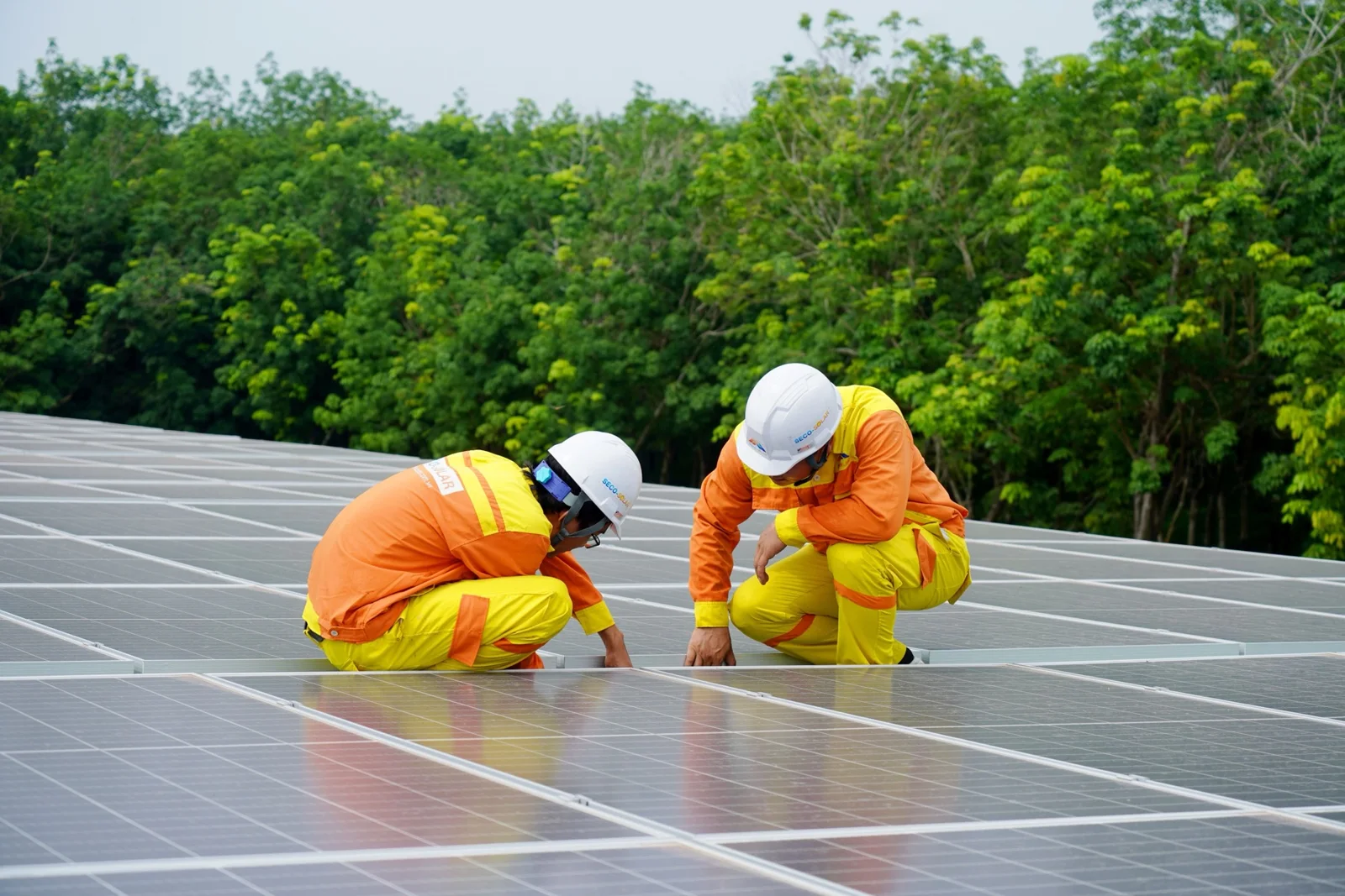 A technician working on a solar panel installation